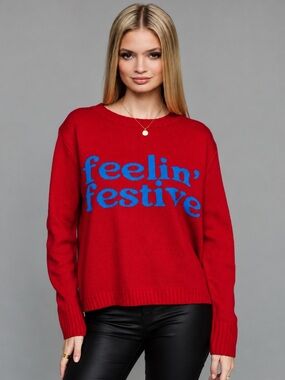Panache Red Crewneck Sweater with Blue "feelin' festive" Script